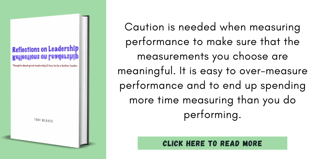 Excerpt from Reflections on Leadership:

"Caution is needed when measuring performance to make sure that the measurements you choose are meaningful. It is easy to over-measure performance and to end up spending more time measuring than you do performing."

Click here to read more.